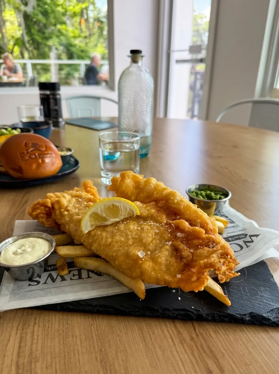 Fish and chips with mushy peas and tartare sauce by a lake-view window at The Lochside Restaurant