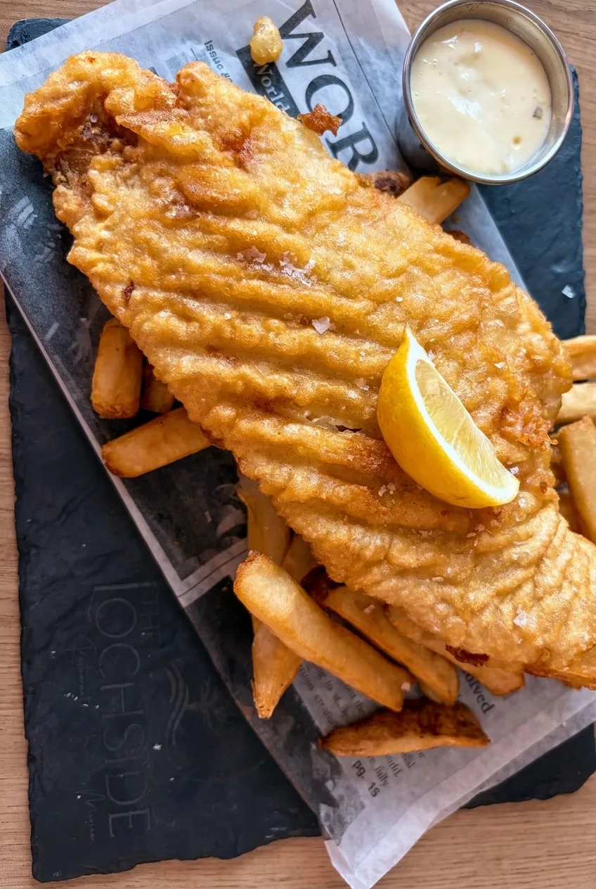 Beer-battered fish and chips on a slate board at The Lochside Restaurant in Crescent City, FL