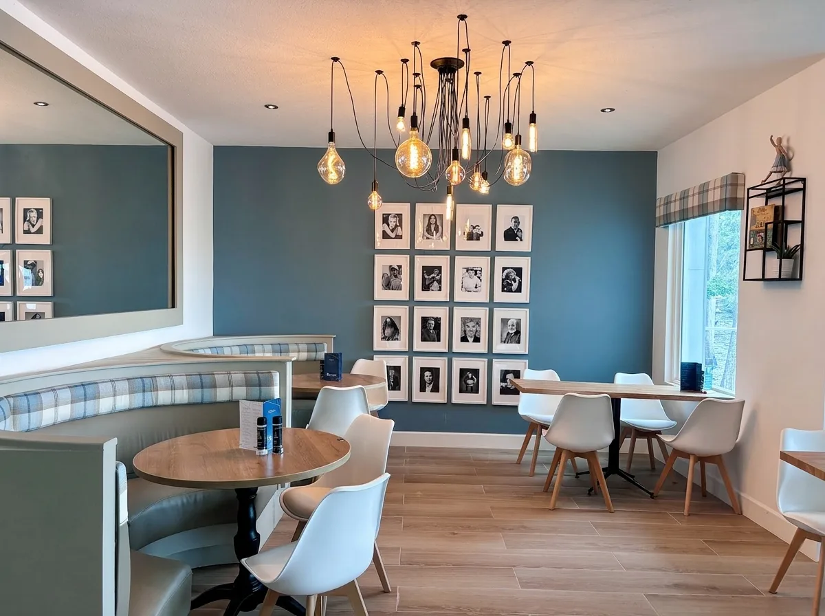Interior of The Lochside Restaurant, Crescent City, FL — Edison-bulb chandelier, tartan booths, and black-and-white photo wall