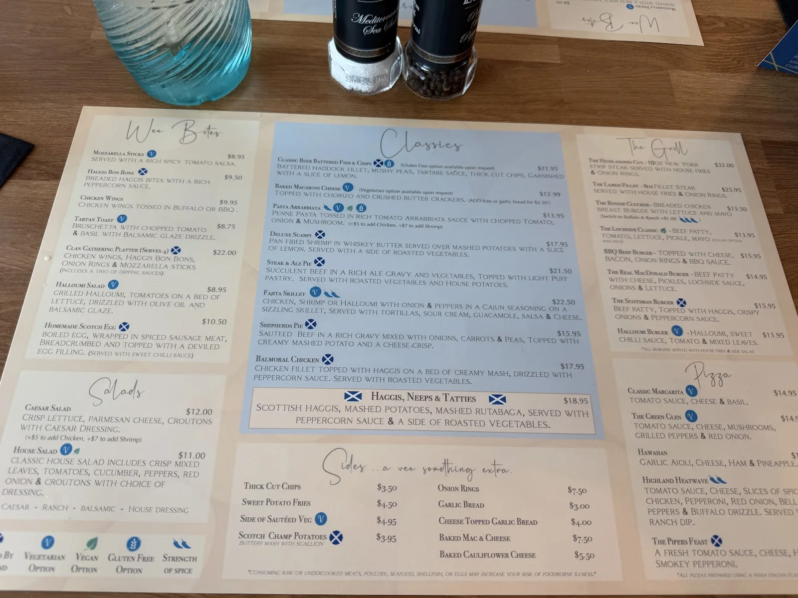 The Lochside Restaurant menu, summer 2026 — Wee Bites, Classics, The Grill, pizzas, and sides with prices