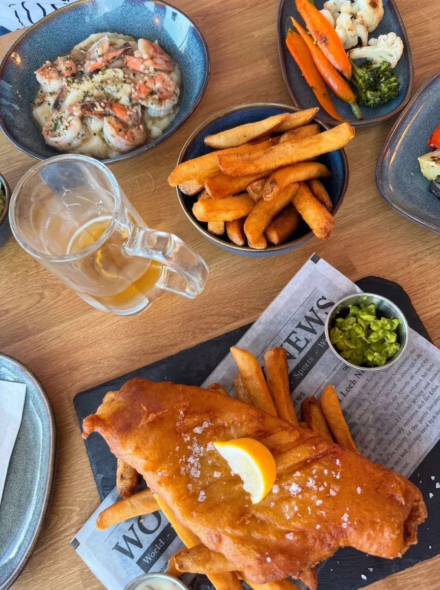 Table spread at The Lochside Restaurant: deluxe scampi, thick-cut chips, beer-battered fish, and mushy peas